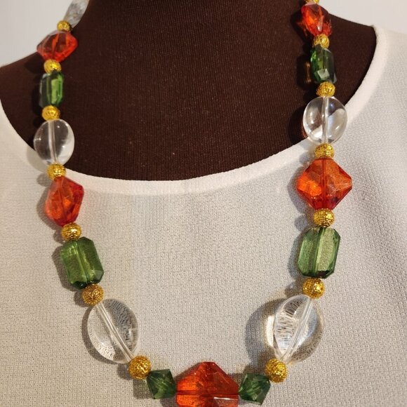 Hand Crafted Necklace Christmas Colors Beaded Red Green Clear Crystals and Gold - Picture 2 of 9
